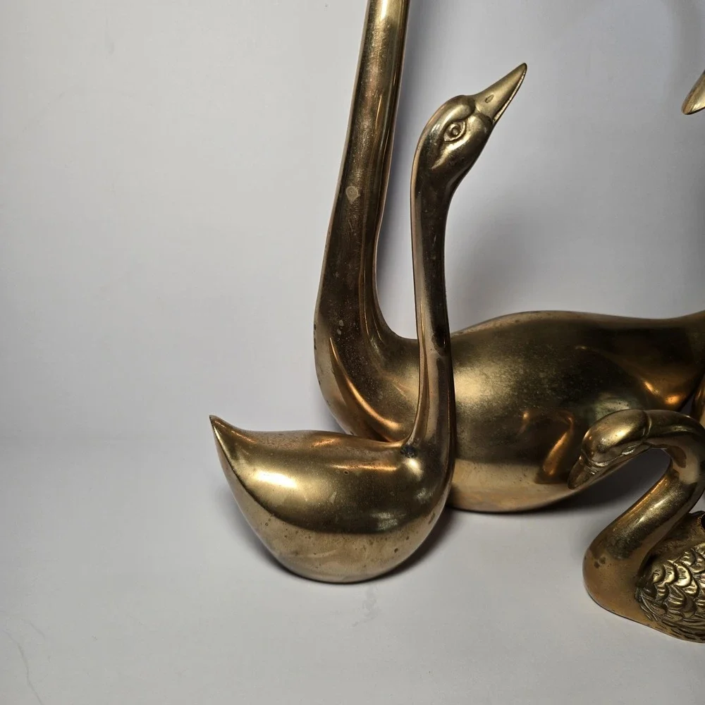Vtg lot of 4 Large Solid Brass Swan Sculptures MCM Patina Aging Different sizes